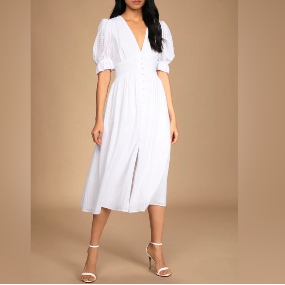 Lulus Right Next To You White Puff Sleeve Button-Up Midi Dress